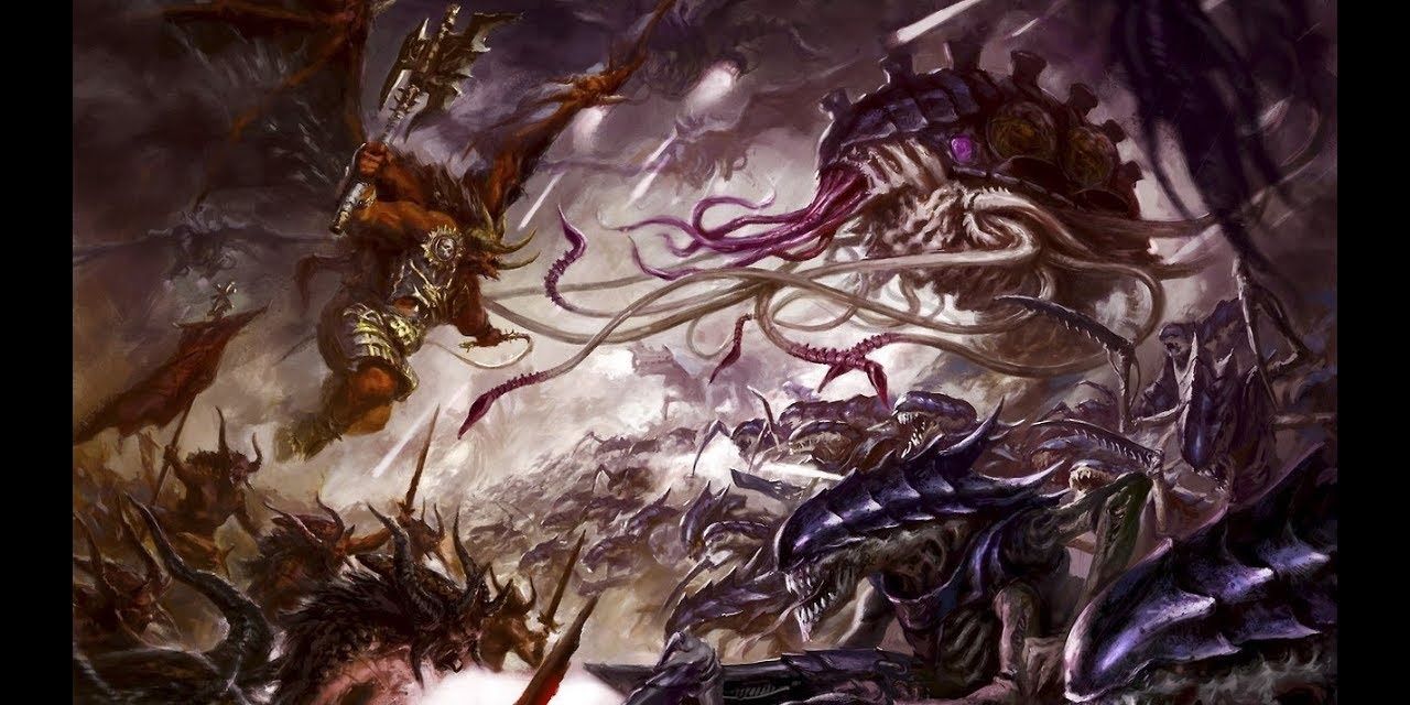 The forces of the Tyranids and Chaos clash in open battle