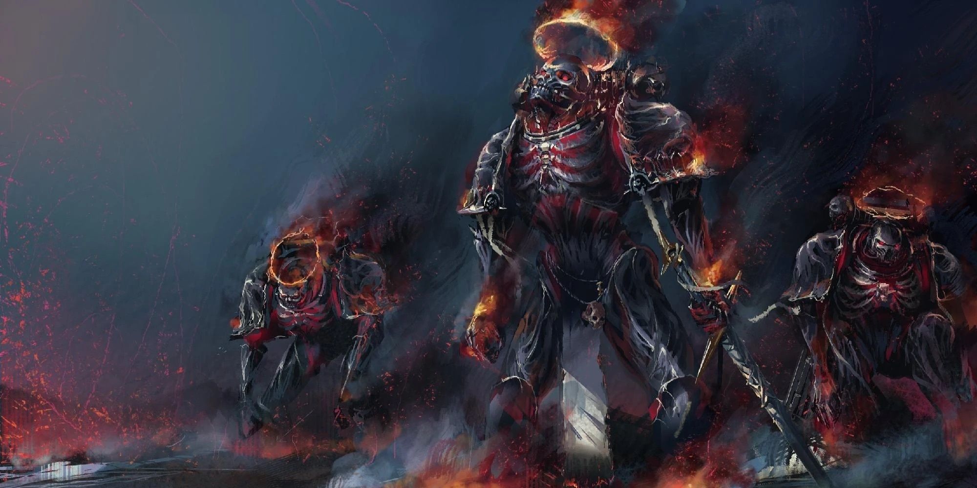 Three Legionaries materialize onto the battlefield, wreathed in flame and clad in black armor 