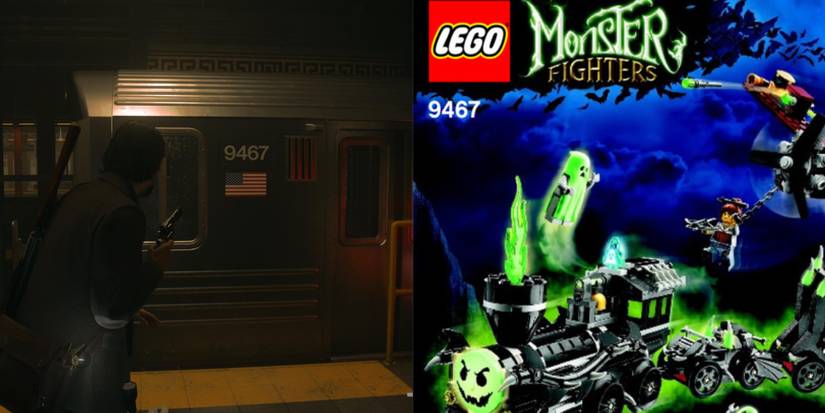 Split image showing Lego train in Alan Wake 2.