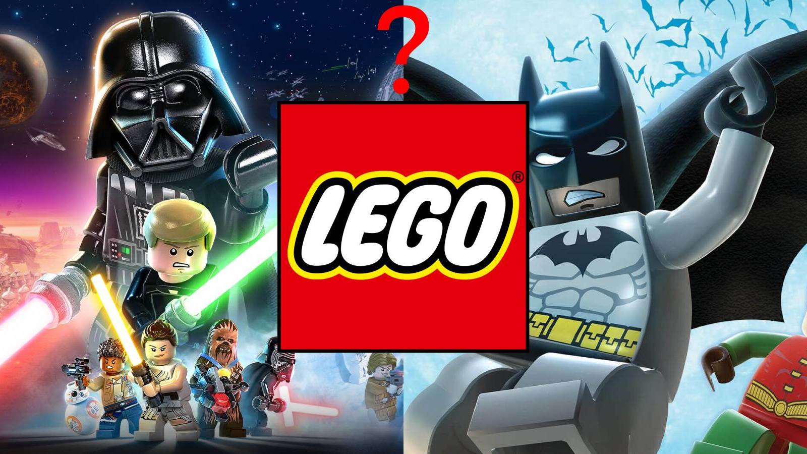 Art from Lego Star Wars and Batman games, the Lego logo, and a question mark