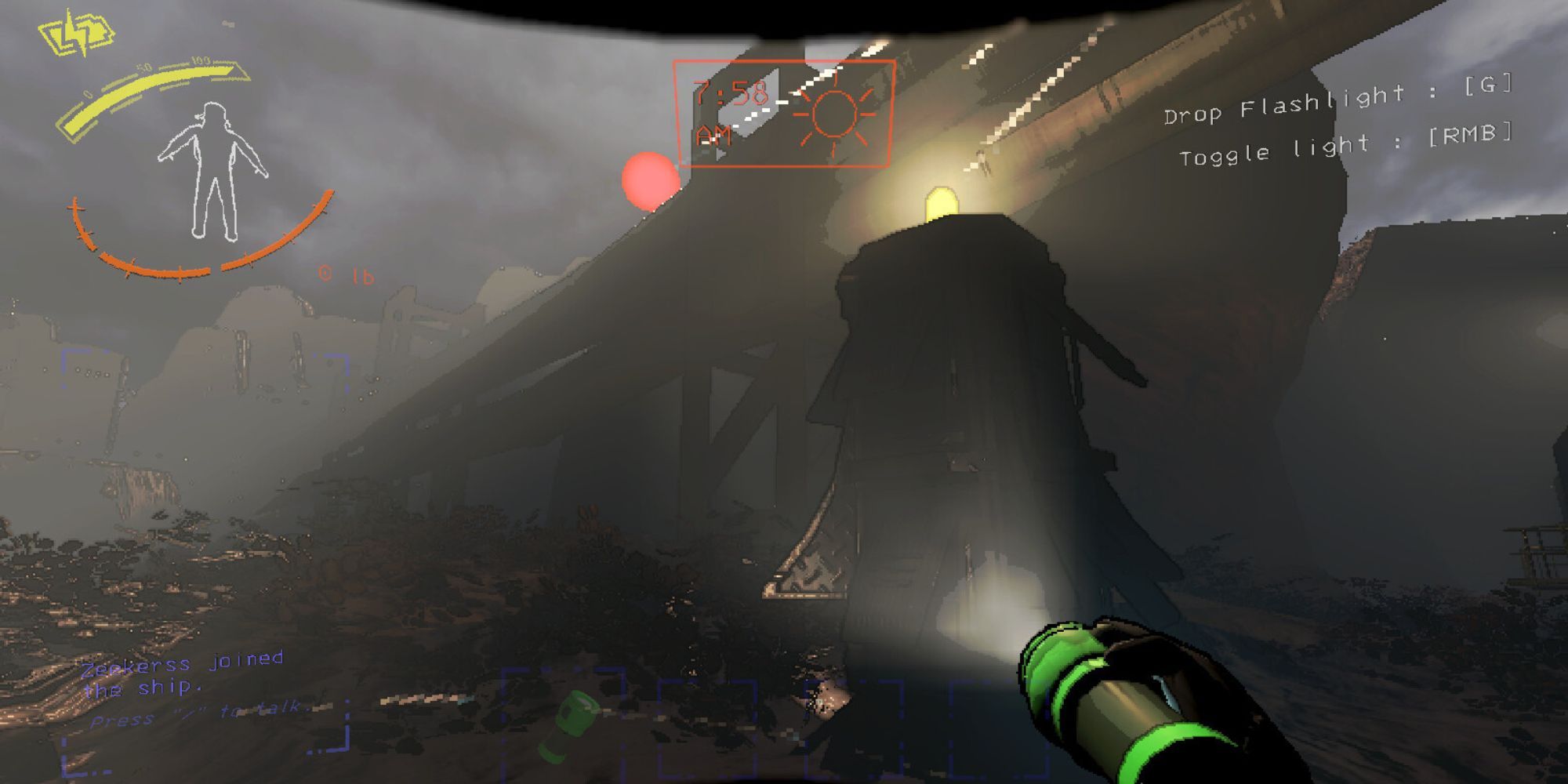 A player on a moon's surface in Lethal Company, they're holding a torch