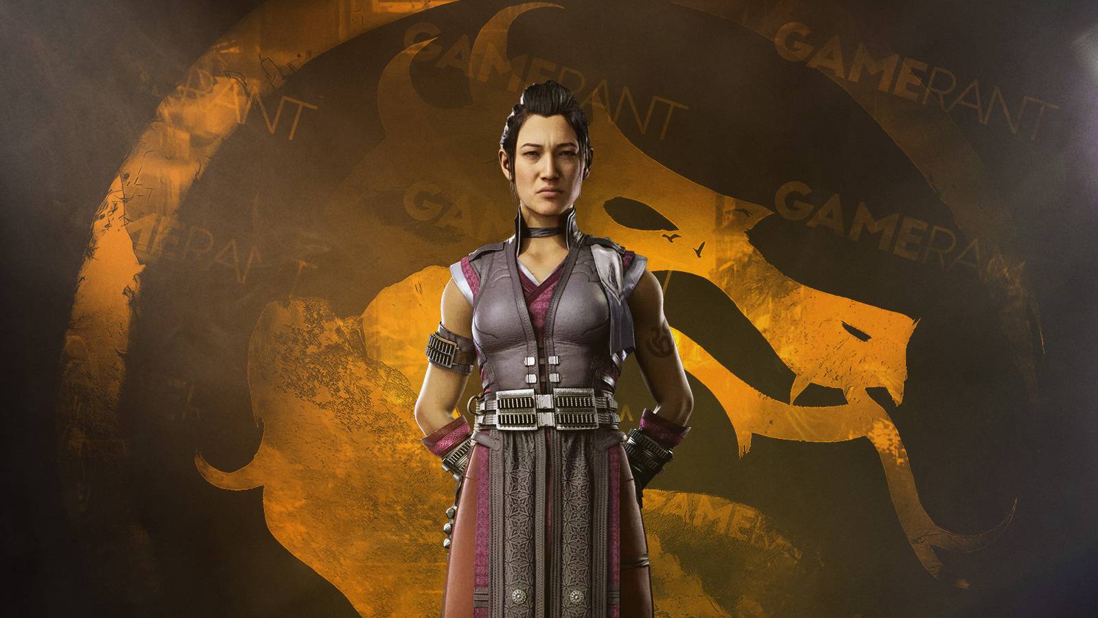 Li Mei in front of the mortal kombat logo 