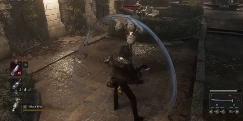 a player executing the Link Emergency Dodge Fable Art on a training dummy