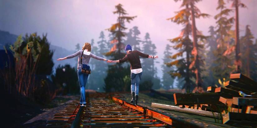 Max Caulfield and Chloe Price from Life Is Strange holding hands on train tracks.