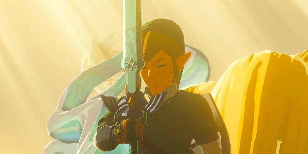 Link holding the Master Sword in Zelda Tears of the Kingdom