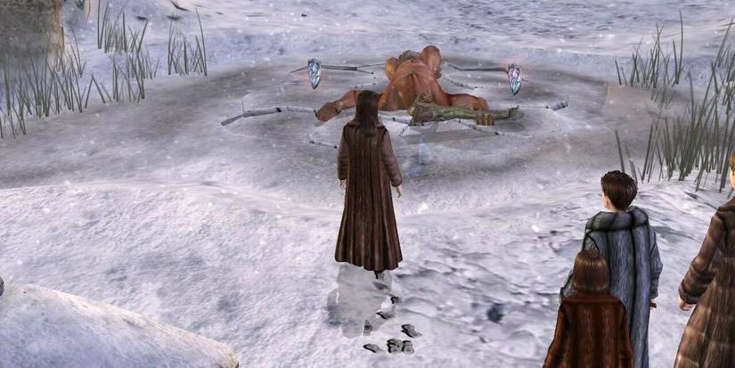 The children stand on an icy tundra with small amounts of grass growing