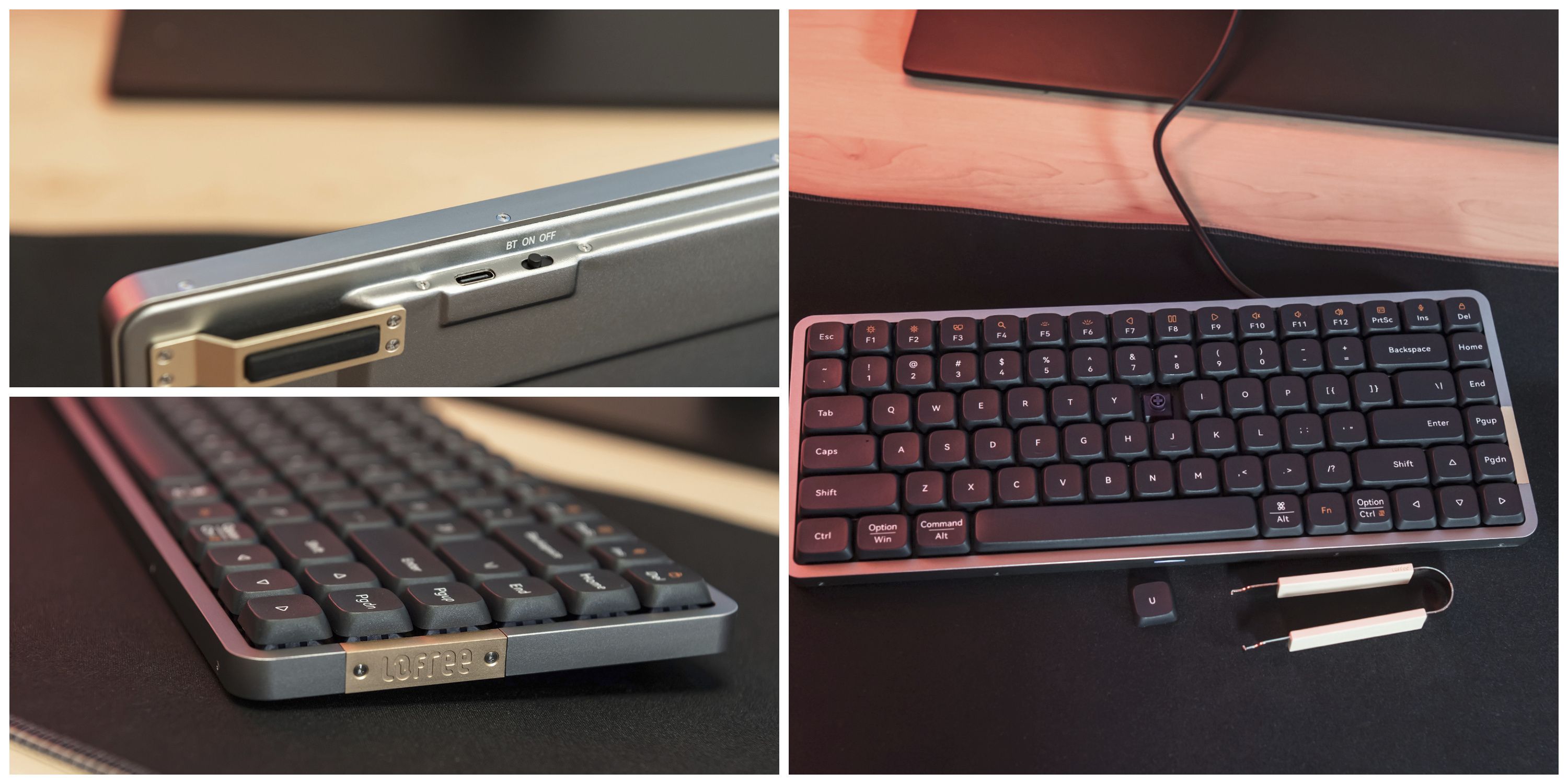 Lofree Flow keyboard port and mode switch, Lofree logo, and swappable switch