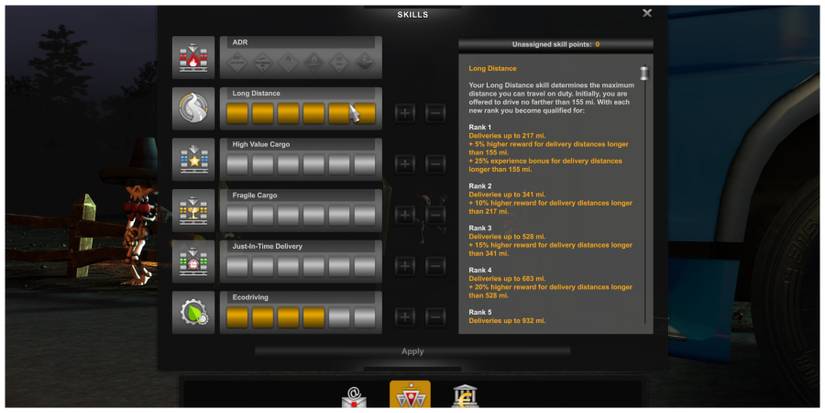 A screen showing the ranks of the Long Distance skill in Euro Truck Simulator 2