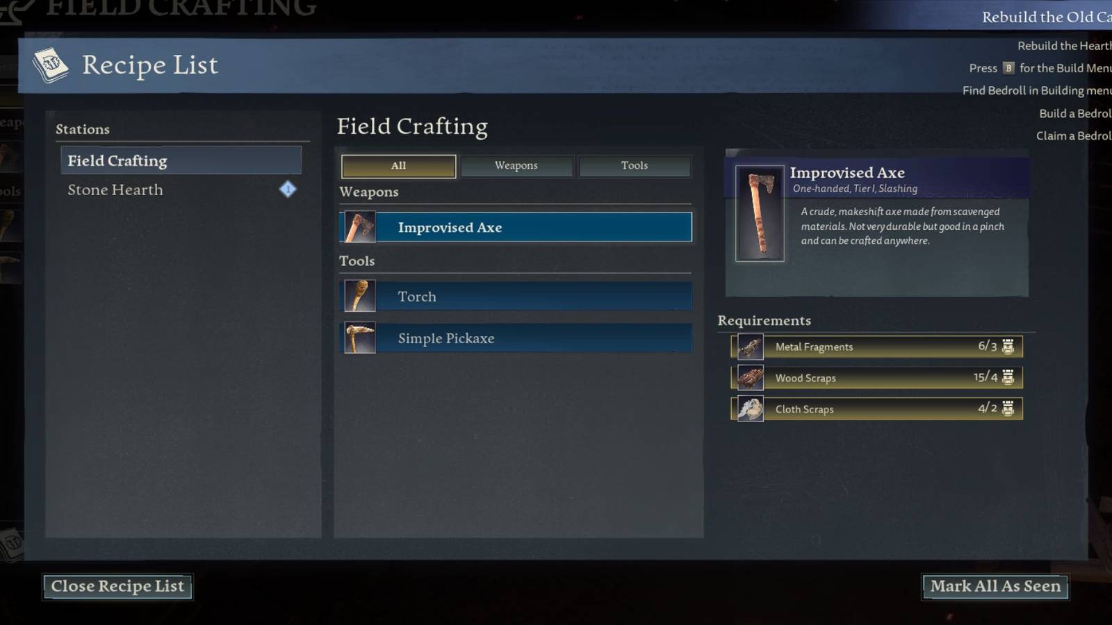 lord of the rings - return to moria crafting menu