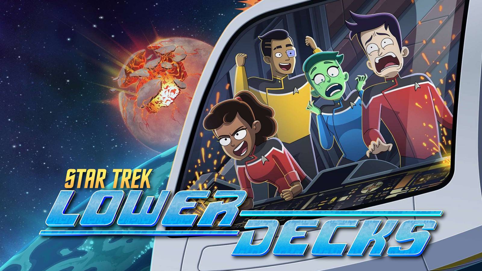 Star Trek: Lower Decks characters Beckett Mariner, Sam Rutherford, D'Vana Tendi, and Brad Boimler in various states of panic and exhilaration on a malfunctioning shuttle