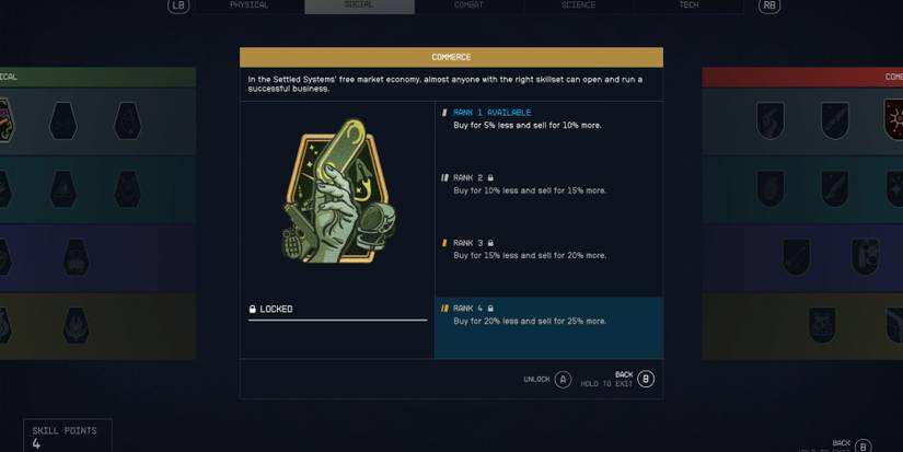 image showing the commerce skill that is needed to lower the narwhal ship's price in starfield.