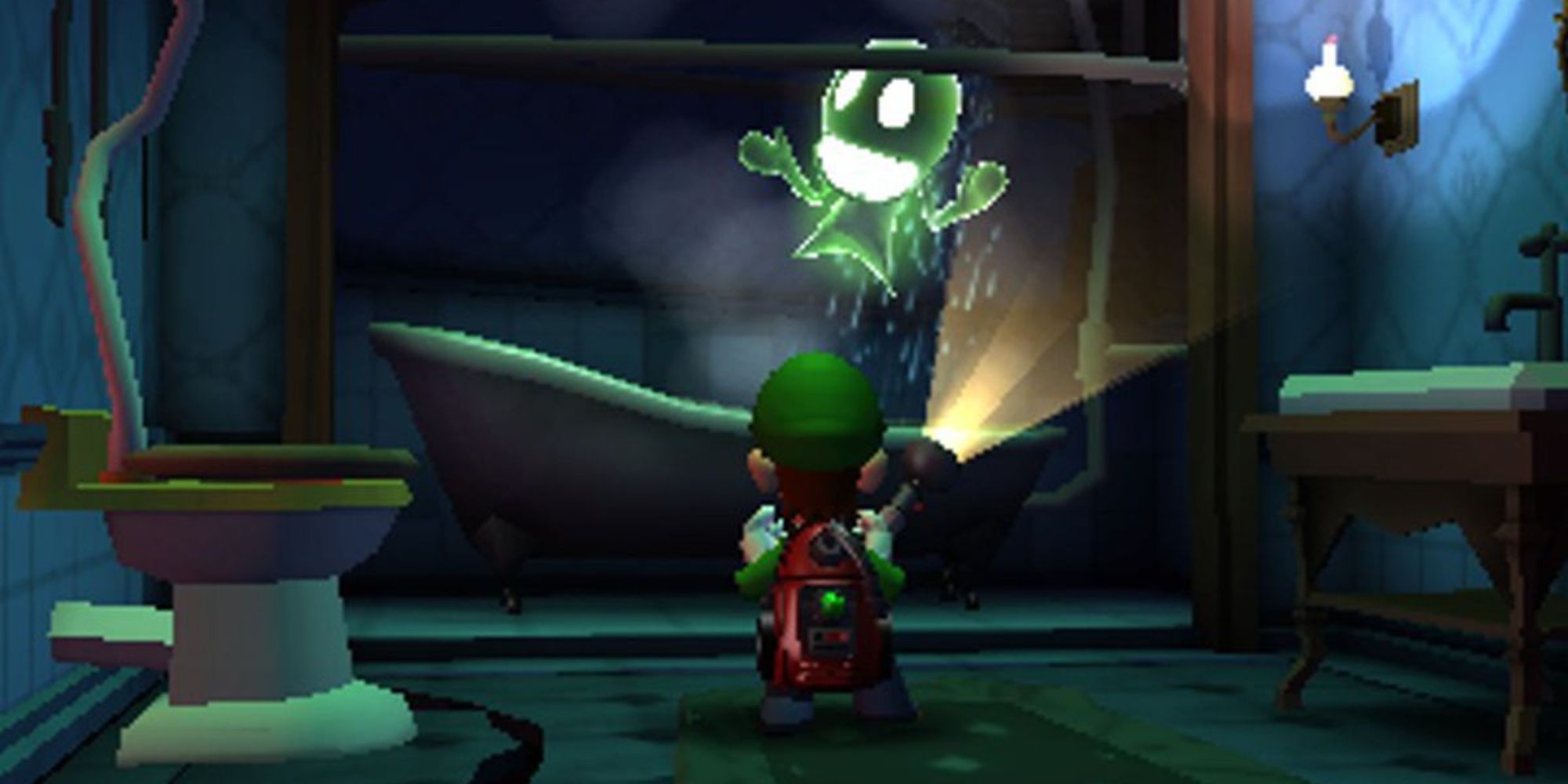 Luigi finding a green ghost in a shower