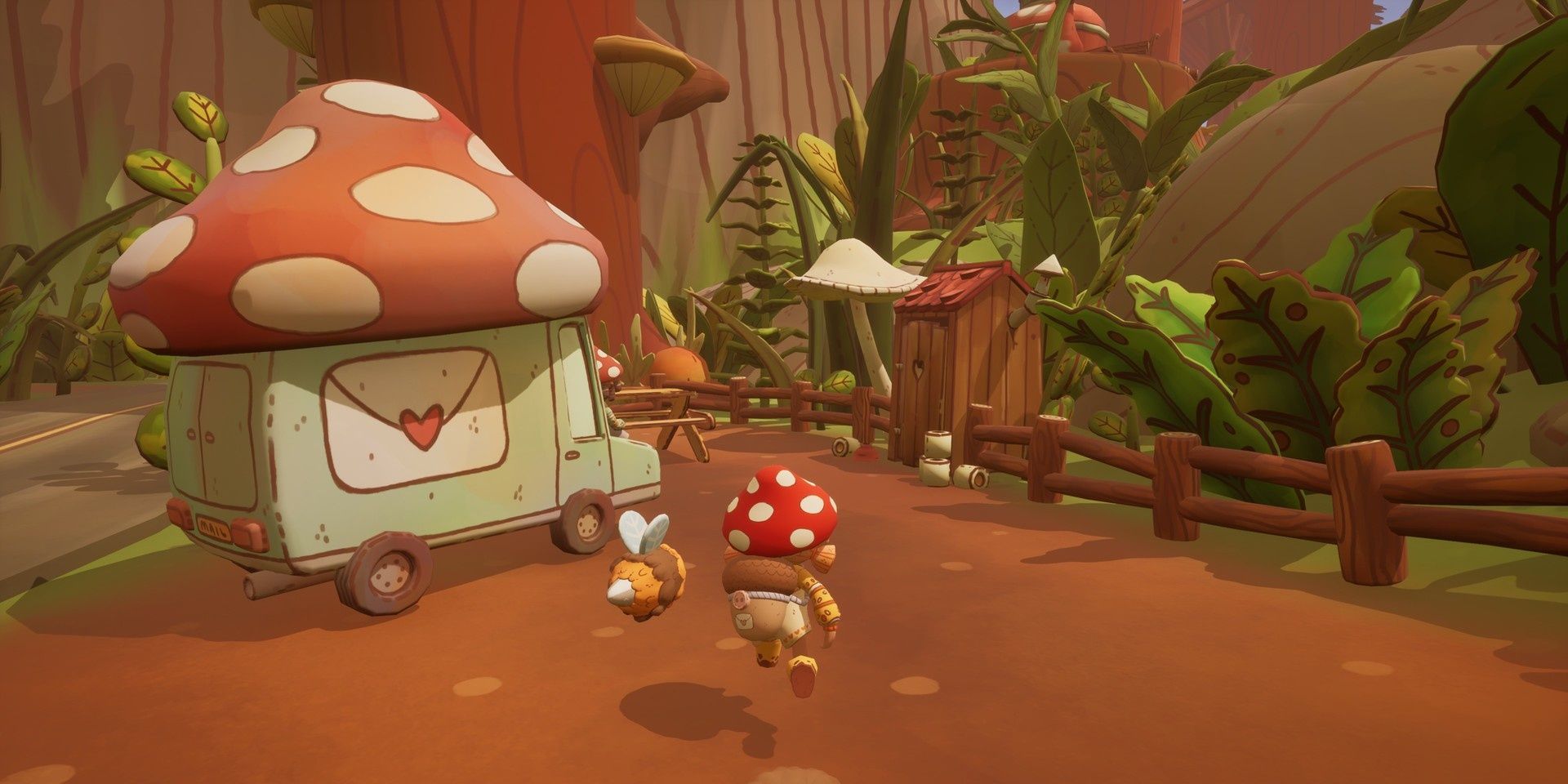 The mail scout and their bee going towards a mail truck that has a mushroom on its top in Mail Time