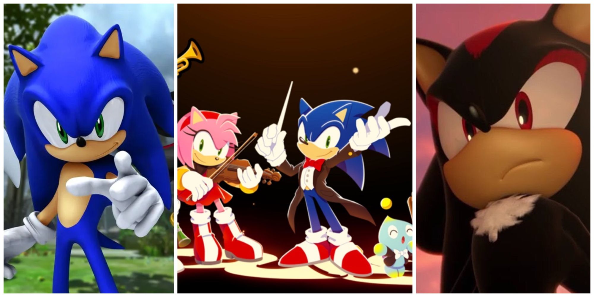 Sonic, Shadow e Amy, Sonic e Chao em trajes musicais