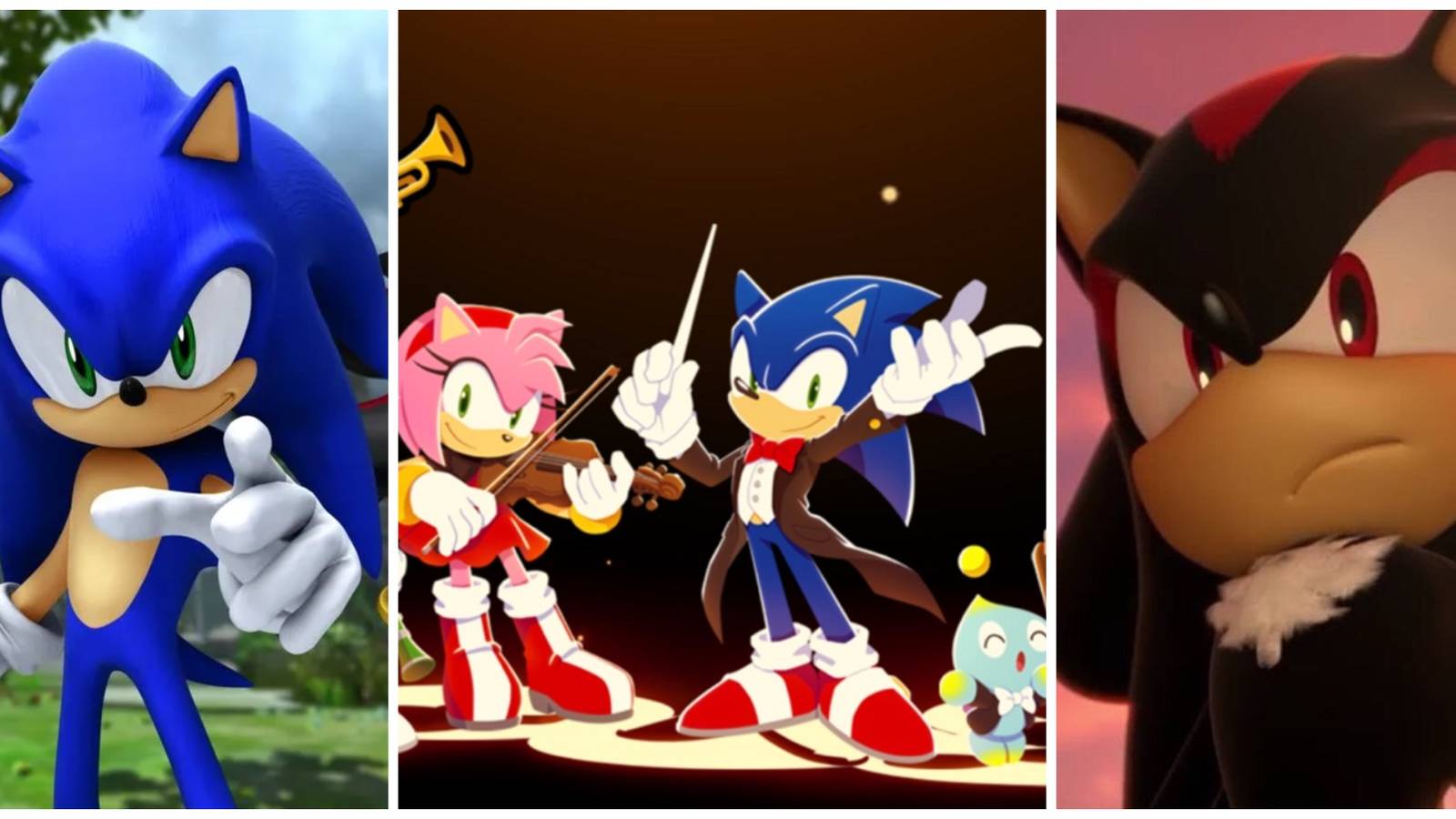 Sonic, Shadow and Amy, Sonic and a Chao in musical attire