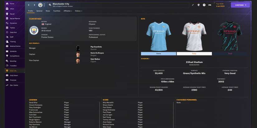 Manchester City menu in Football Manager 2024