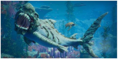 A bullshark with an armoured head baring its teeth. A sea turtle swims behind.