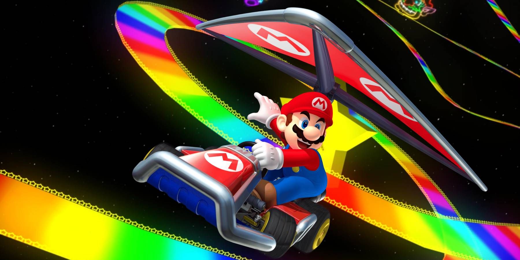 Mario using a glider to fly over Rainbow Road from Mario Kart 64