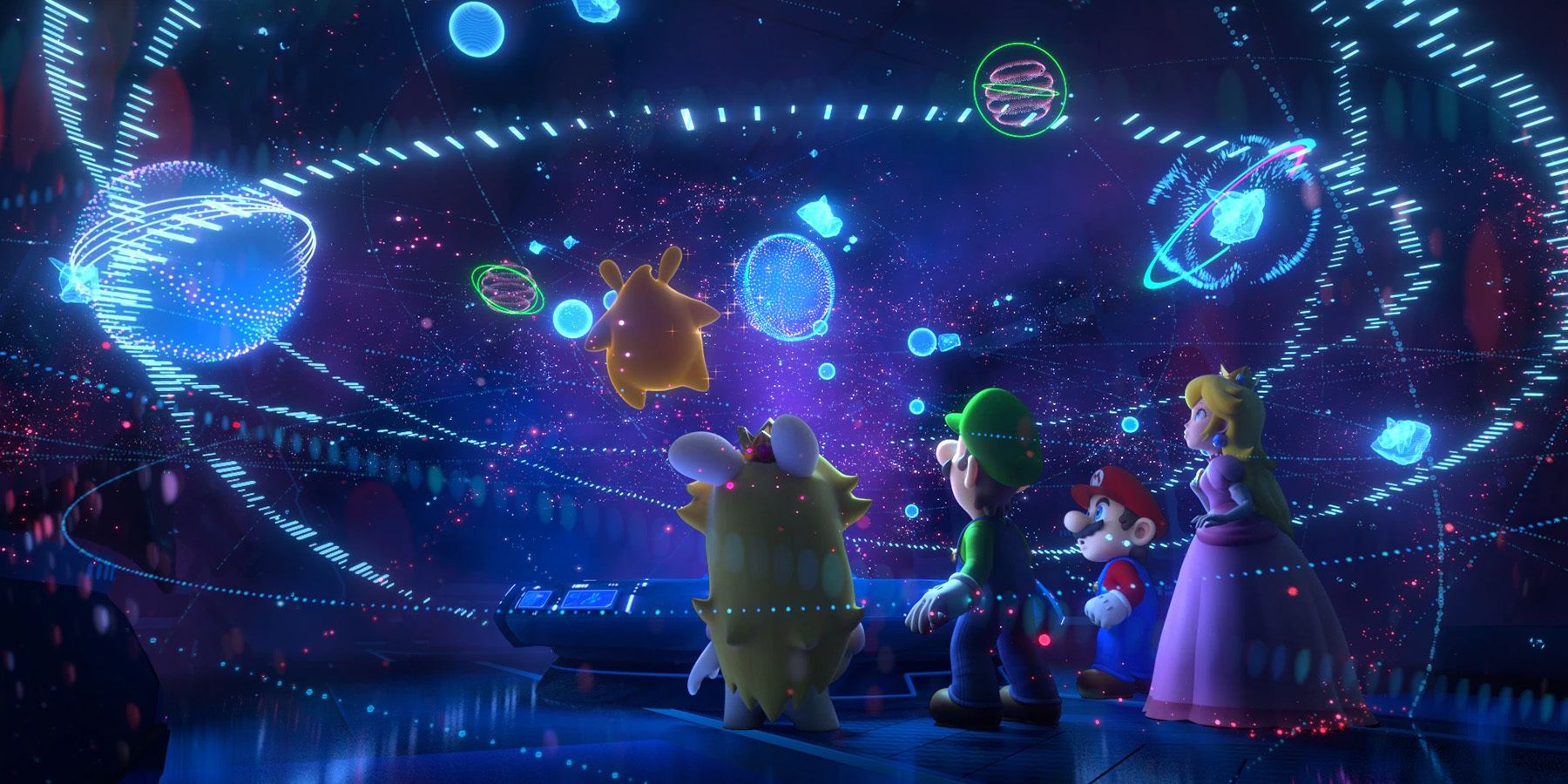mario rabbids sparks of hope characters staring at projection of galaxy