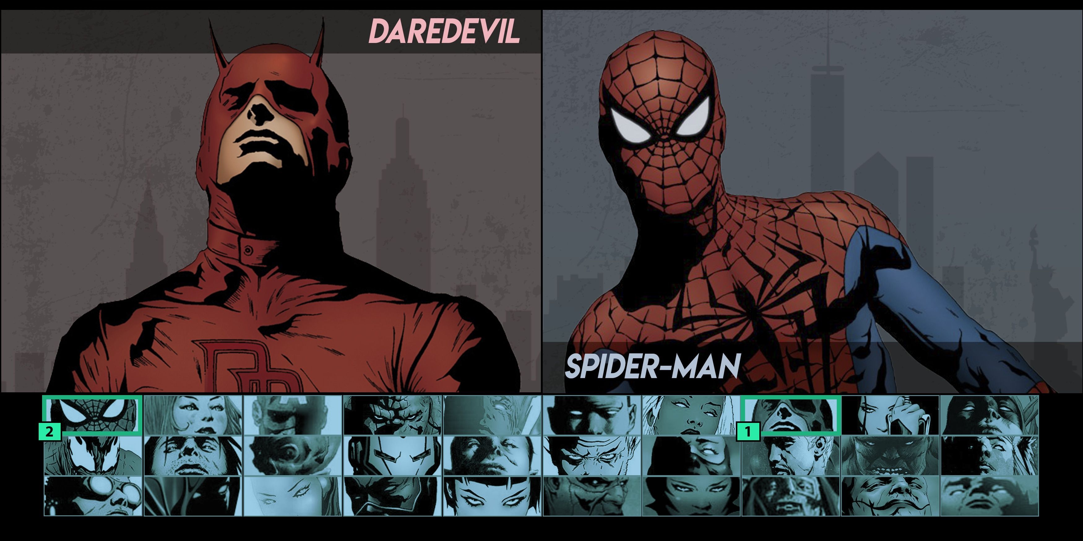 The character selection screen with Daredevil and Spider-Man selected as fighters