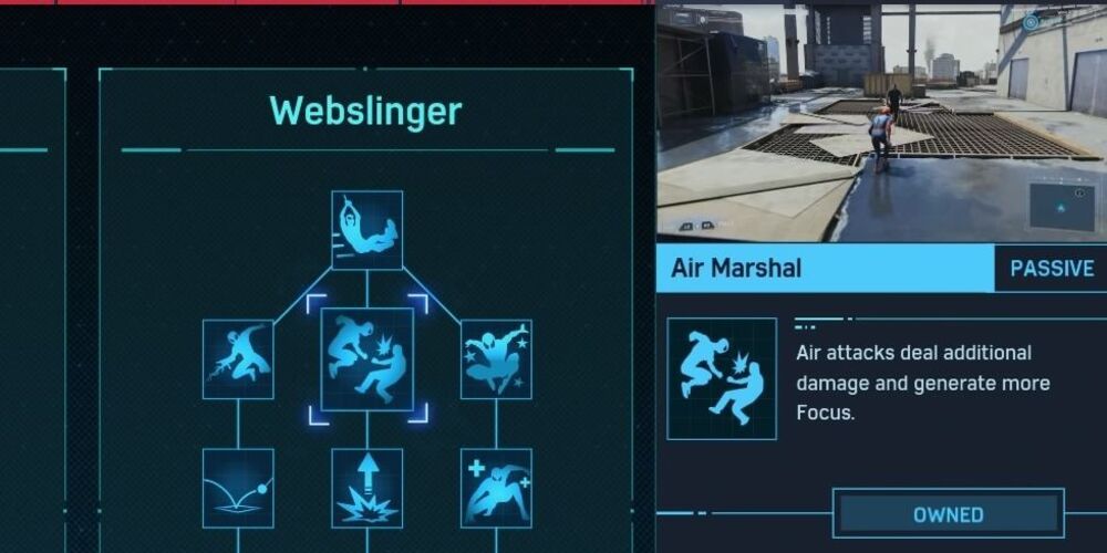 Air Marshal skill in the Webslinger skill tree from the Marvel's Spider-Man Game