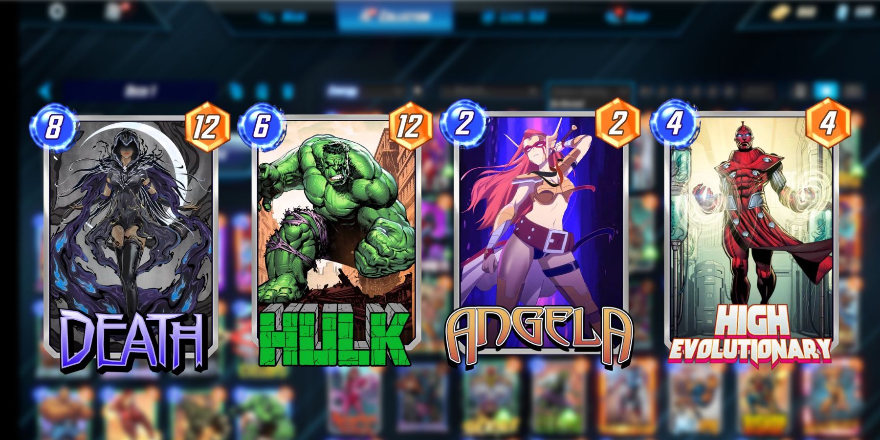 death, hulk, angela, high evolutionary in marvel snap.
