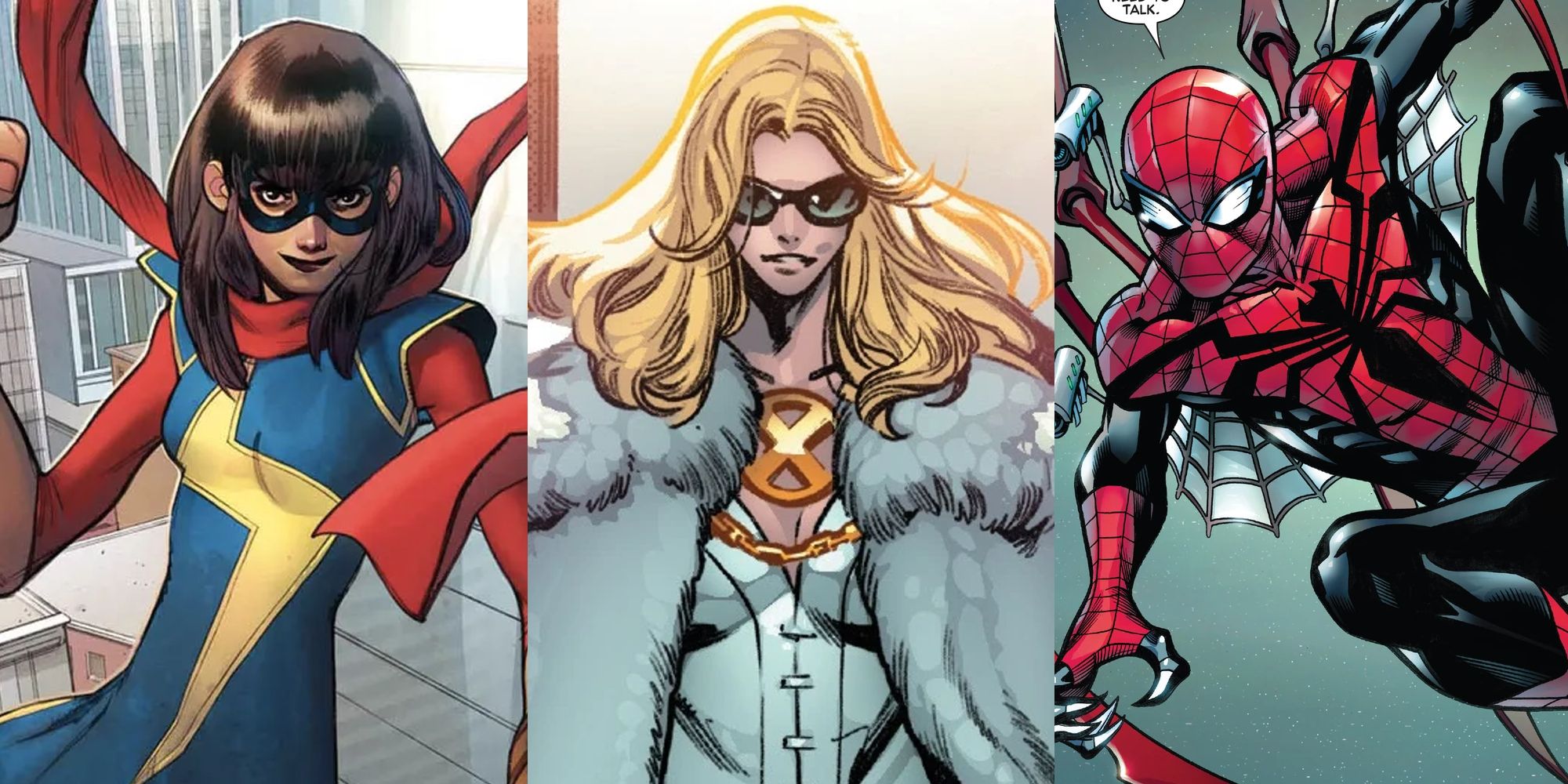 Kamala Khan in a city; Emma Frost in sunglasses; Superior Spider-Man