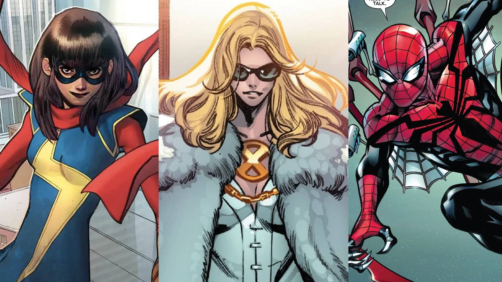 Kamala Khan in a city; Emma Frost in sunglasses; Superior Spider-Man