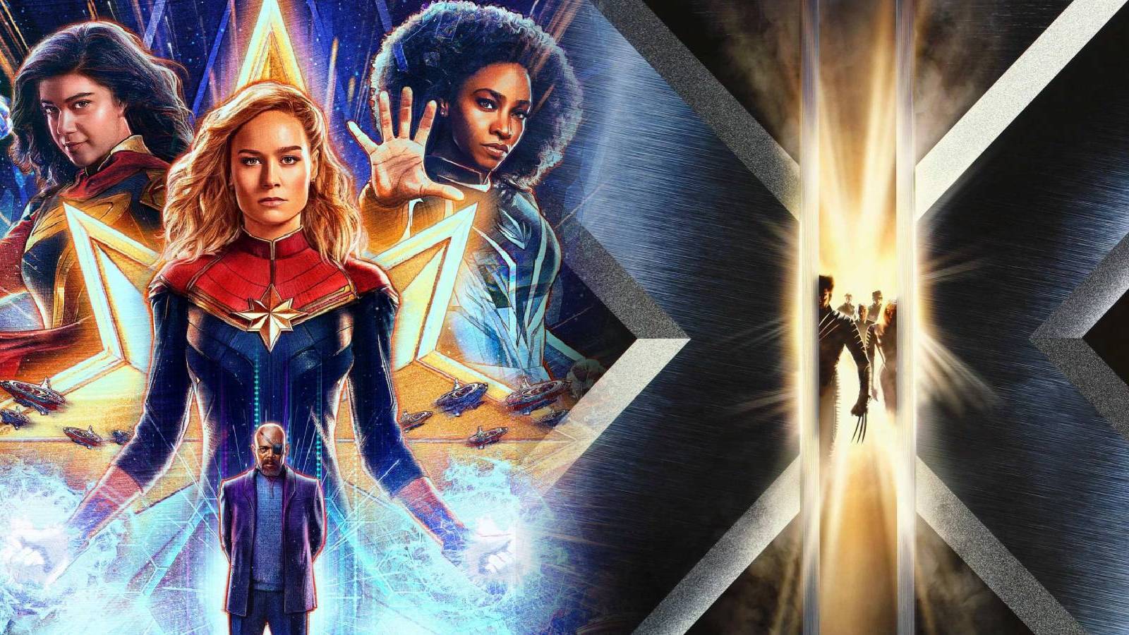 Poster for 2023's The Marvels with the cover for 2000 film X-Men