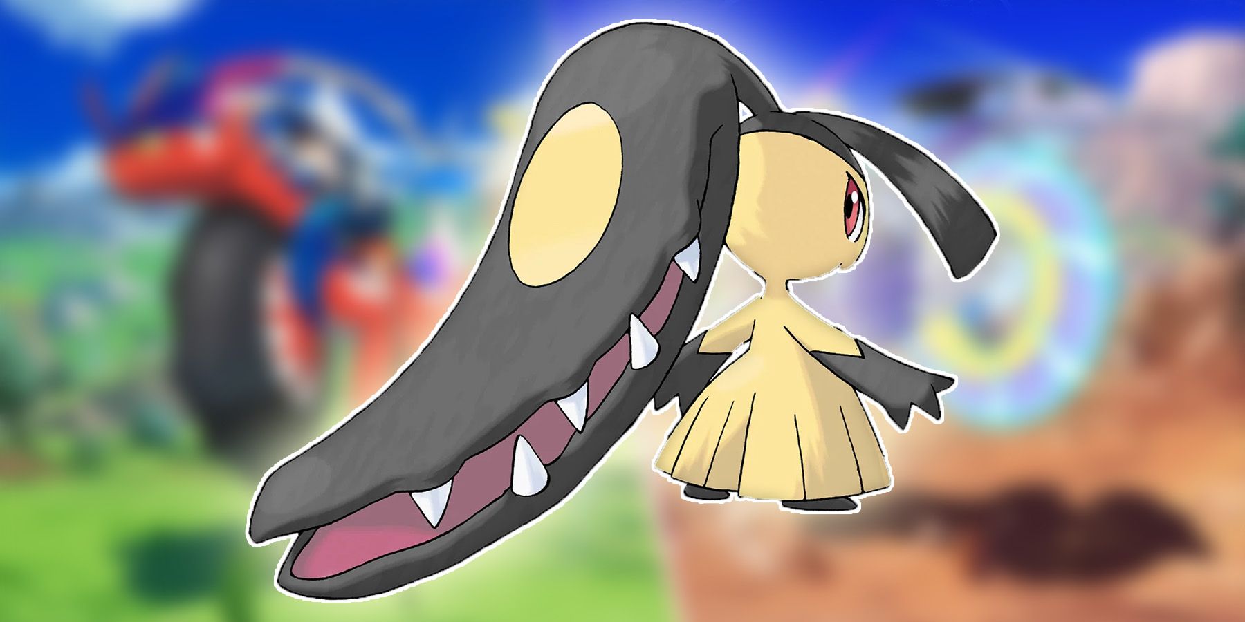 Mawile in front of Pokemon Scarlet and Violet blurred background