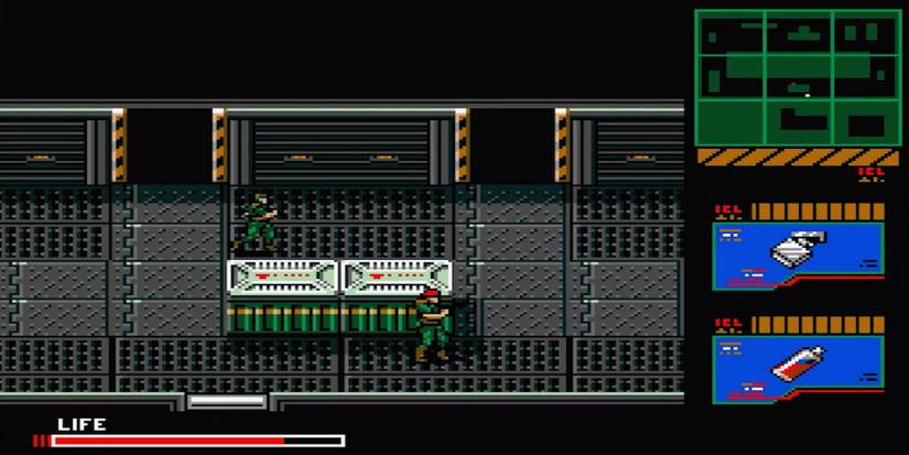 Solid Snake Versus Big Boss in a corridor; the inventory and a map is to the right