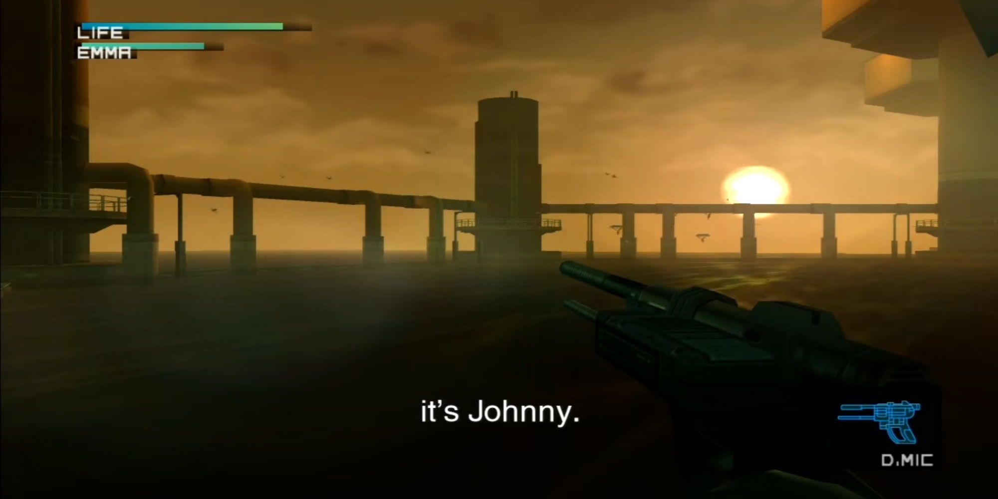 Raiden aiming a Directional Microphone towards a tower with Johnny speaking to Emma from it