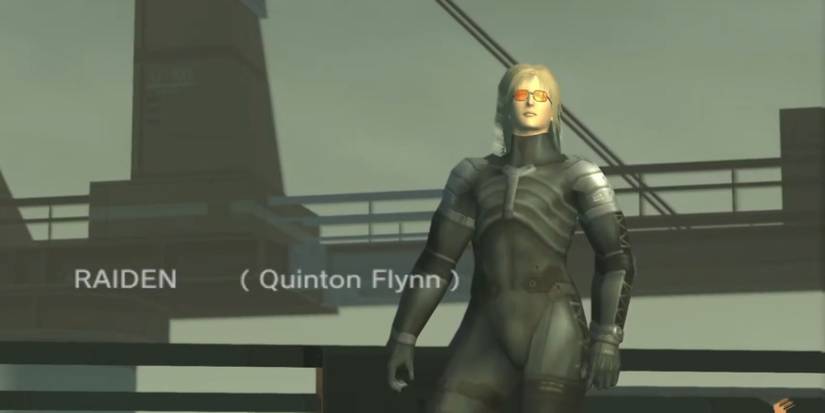 Raiden wearing sunglasses while posing with a crane in the background