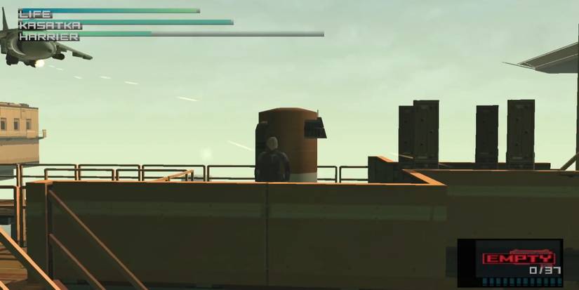 Raiden hiding from a Harrier Jet on a metallic bridge, equipped with an empty pistol