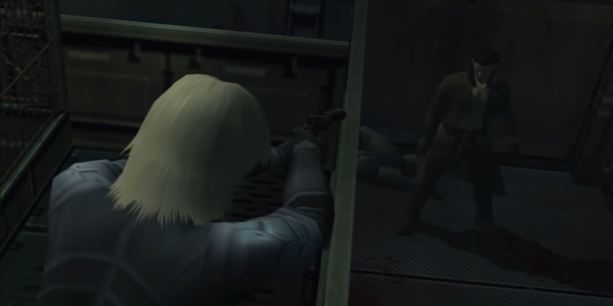 Vamp with Raiden, who is aiming a gun at him, in an industrial-looking area Metal Gear Solid 2 Sons of Liberty