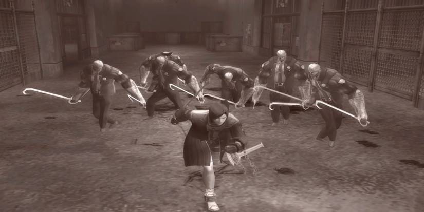 A coated fifure with blades against mutant guards with hook swords in a warehouse Metal Gear Solid 3 Snake Eater