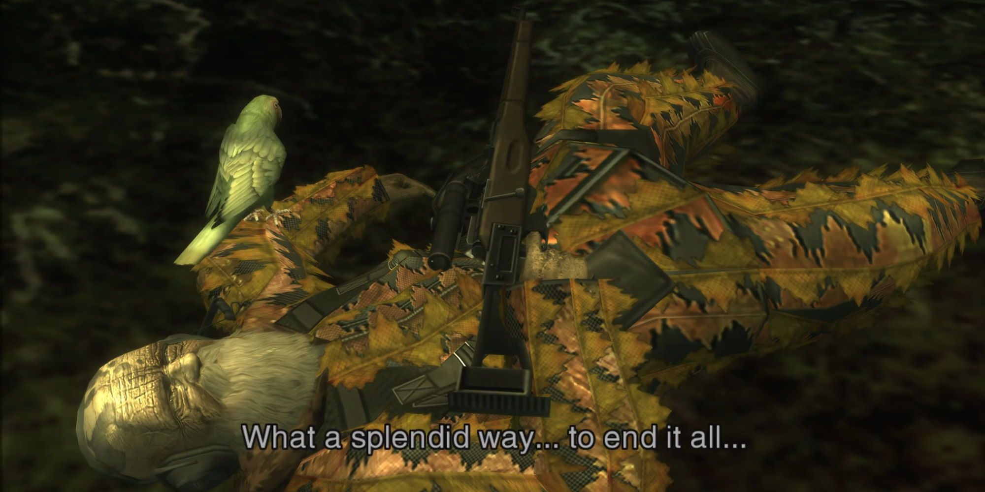 The End with his ghille suit decaying, a parrot and gun is on him in Metal Gear Solid 3