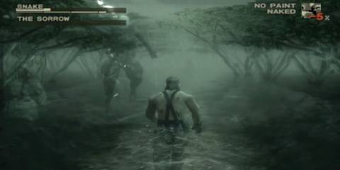 The Sorrow floating over Naked Snake who is walking through a spooky river, another ghost is nearby Metal Gear Solid 3 Snake Eater