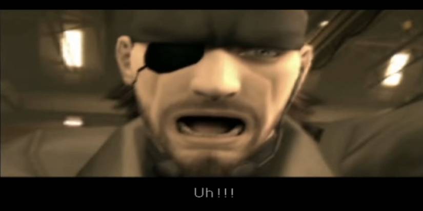 Naked Snake staring in shock in a hangar