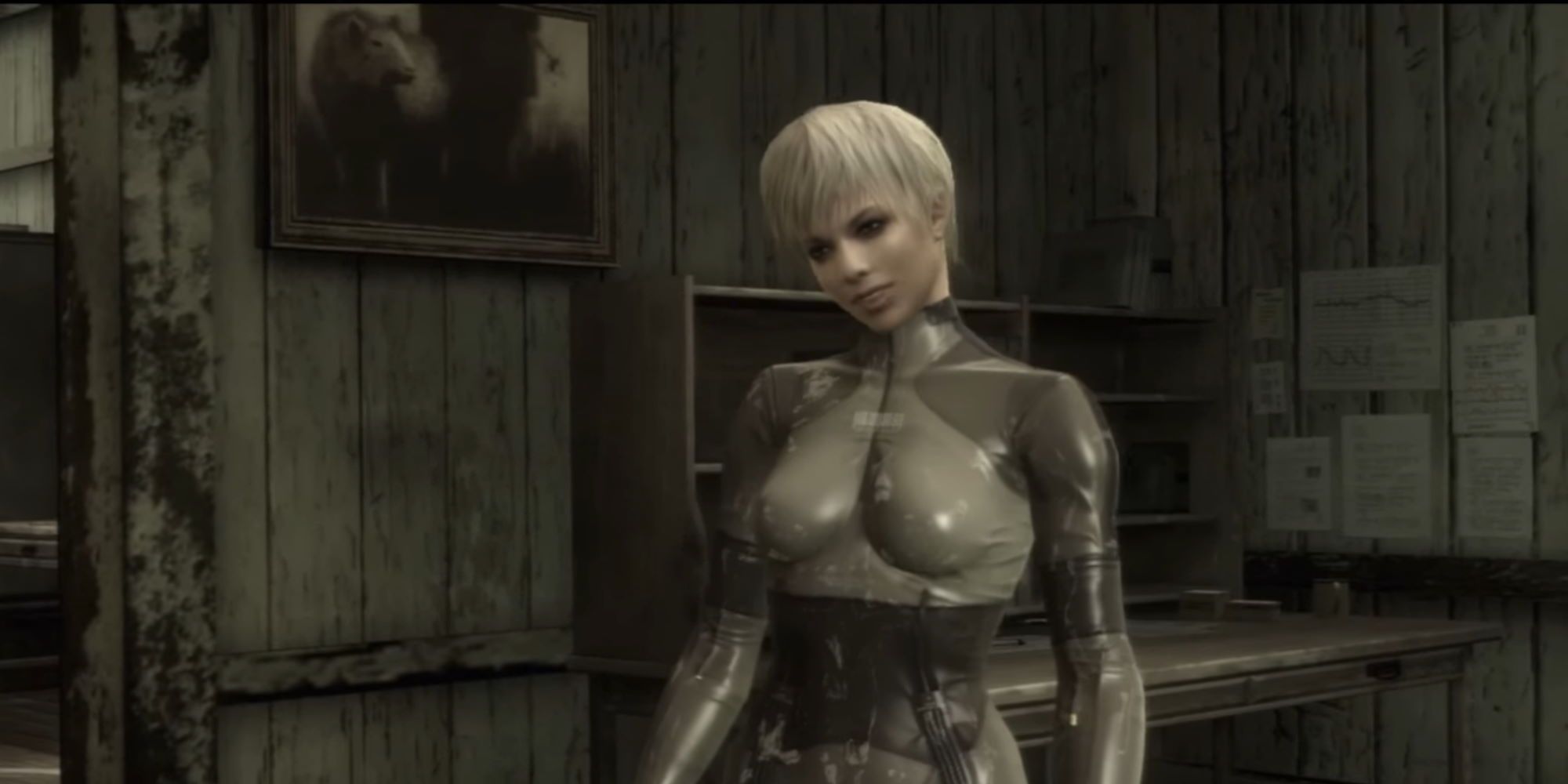 Laughing Beauty smiling and tilting her head in an abandoned house Metal Gear Solid 4