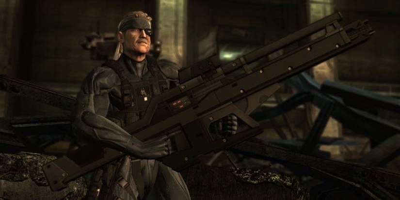 Old Snake With a Railgun near some rubble