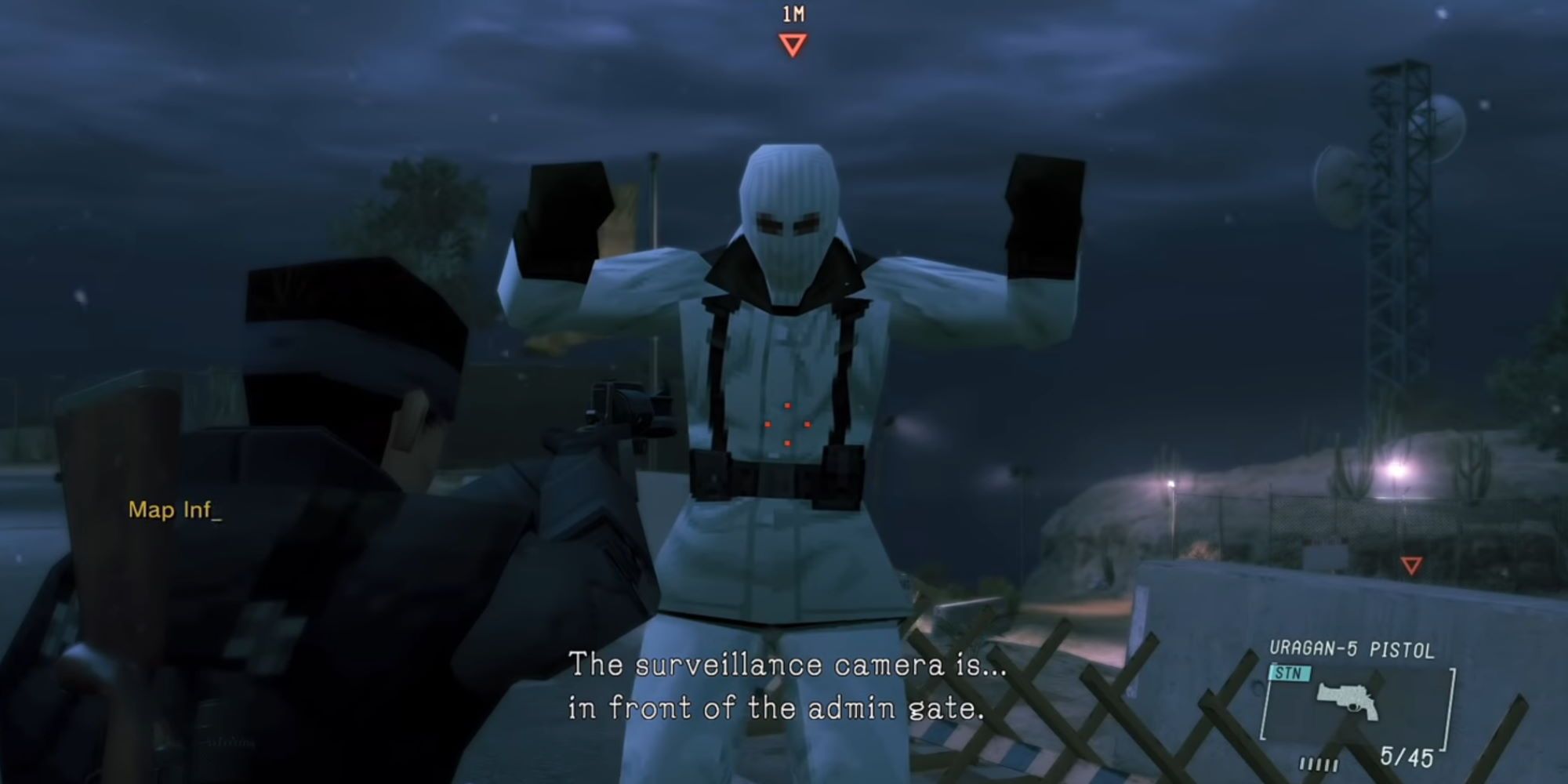 MGS1 Solid Snake holding up a Genome Soldier in a camp with modern graphics