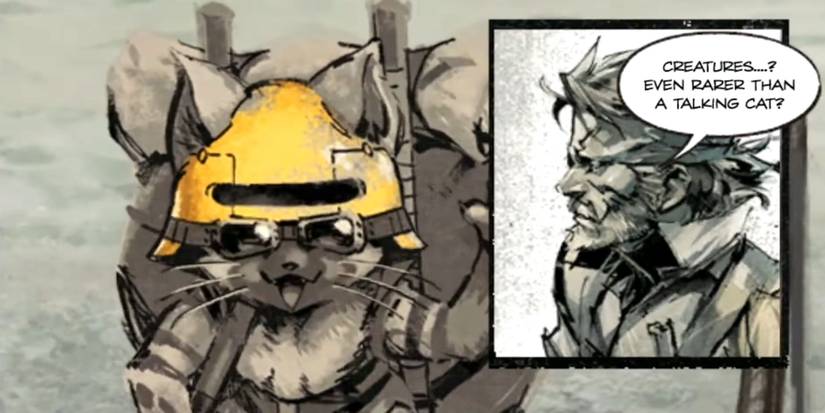 Snake Speaking to a talking cat in a stylized cutscene