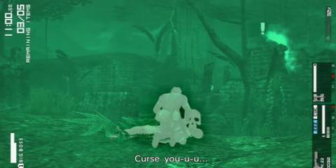 Metal Gear Solid Peace Walker - Snake wearing night vision goggles over the body of a fallen comrade in some jungle ruins while a ghost notices his presence