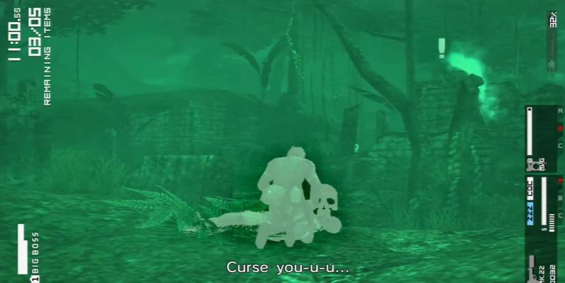 Metal Gear Solid Peace Walker - Snake wearing night vision goggles over the body of a fallen comrade in some jungle ruins while a ghost notices his presence