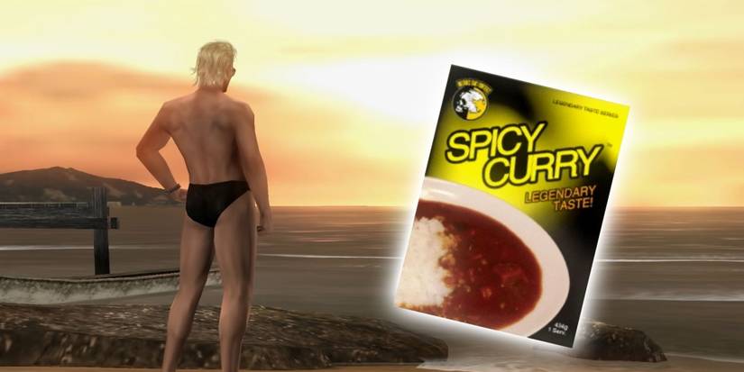 Kaz in swimming trunks at the beach near a packet of curry