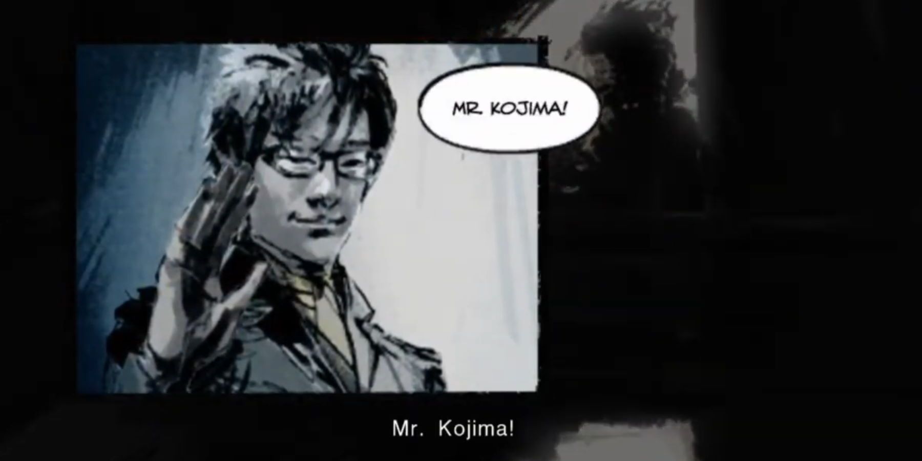Hideo Kojima waving in a cutscene while Snake exclaims "Mr. Kojima!"