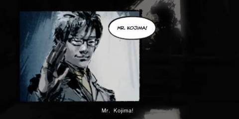 Hideo Kojima waving in a cutscene while Snake exclaims 