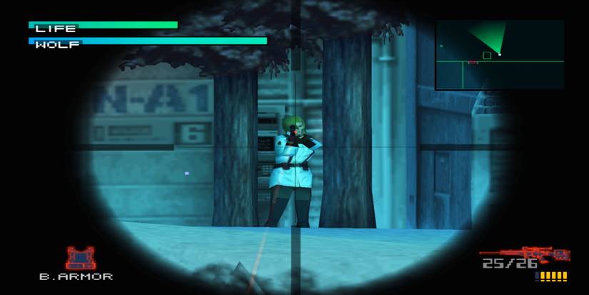 Sniper Wolf aiming at the player between two trees as Snake aims at her down the lens of a PSG1