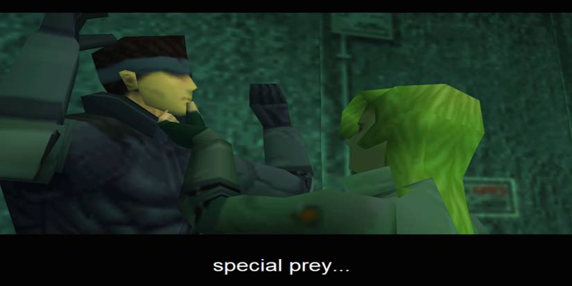 Sniper Wolf holding Snake's chin with her hand while his arms are up 